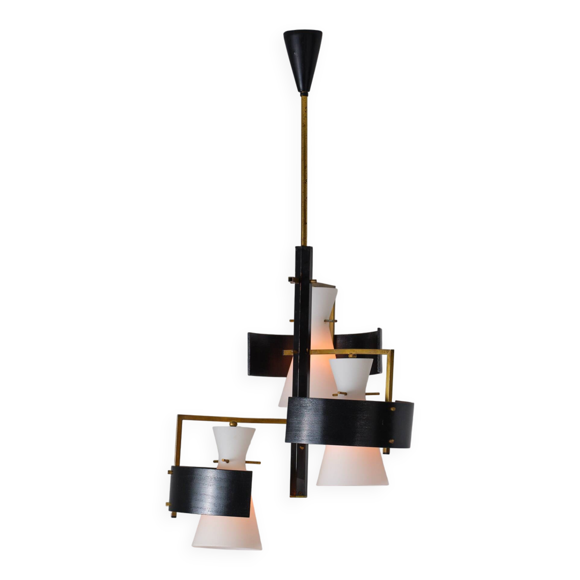 1950s Italian Brass & Black-Lacquered Chandelier with Opaline Glass Shades