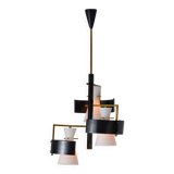 1950s Italian Brass & Black-Lacquered Chandelier with Opaline Glass Shades