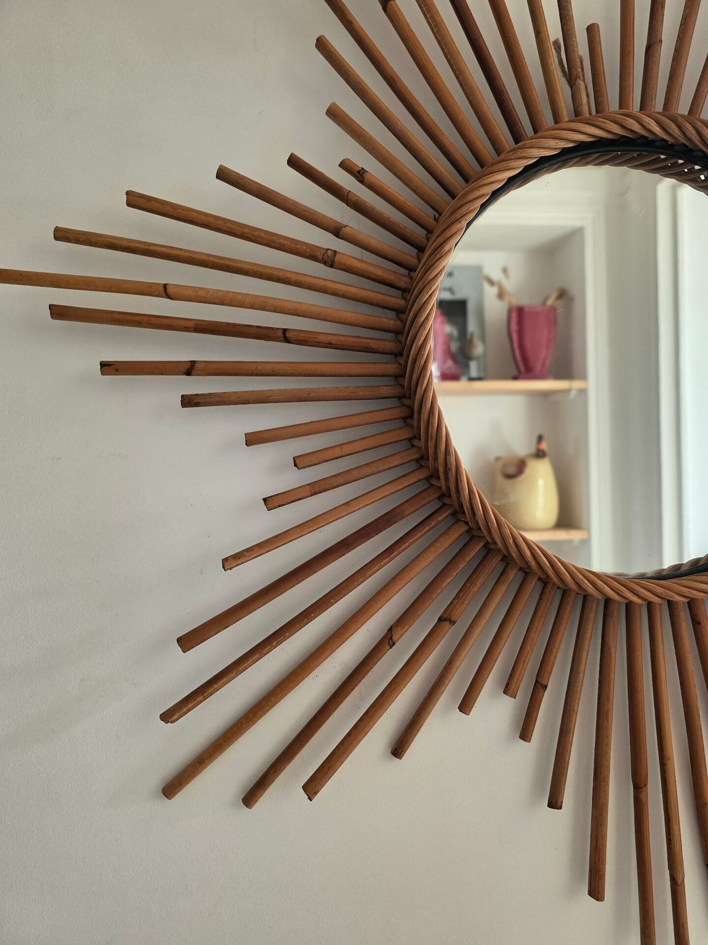 Vintage XL rattan sun mirror