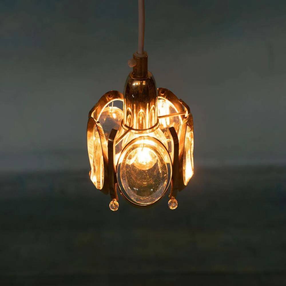 Vintage brass and crystal suspension Palwa, mid-century suspension.