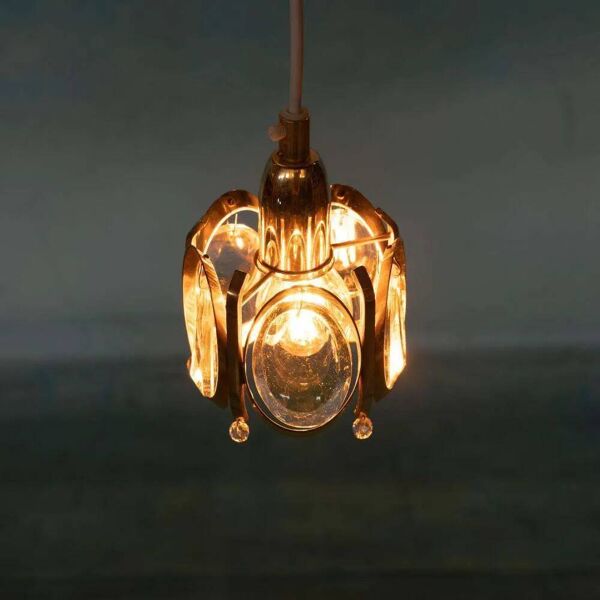 Vintage suspension en laiton et cristal Palwa, suspension mid-century