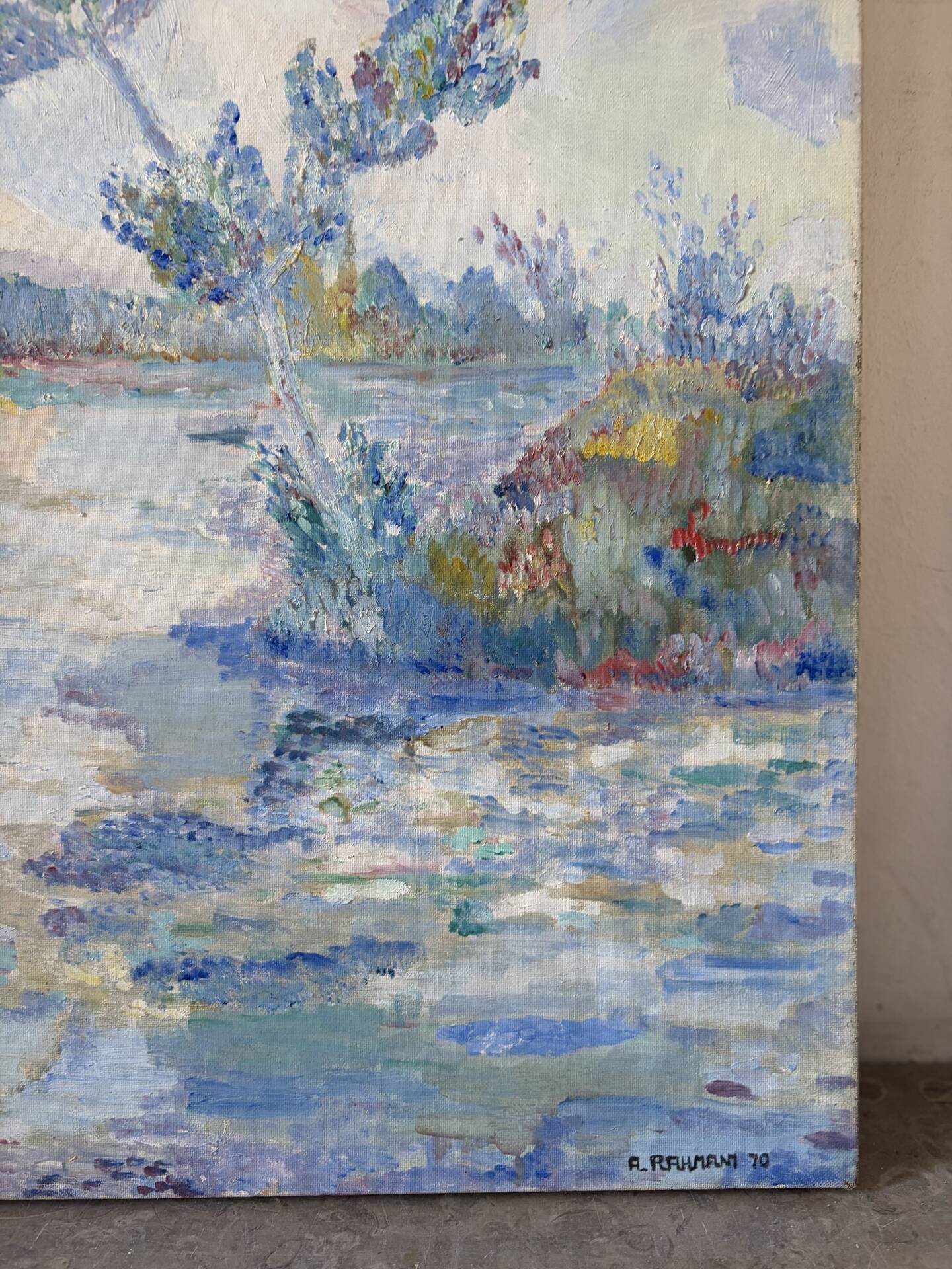Blue landscape, riverbank, oil on canvas signed 1970