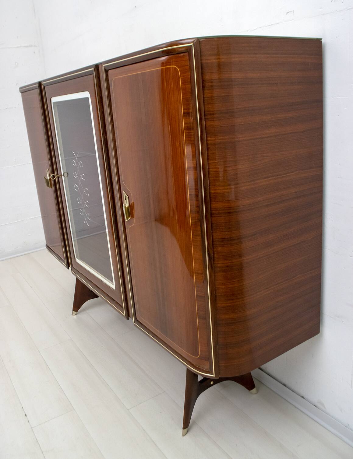 Attributed Gio Ponti Mid-Century Italian Mahogany and Brass Bar Cabinet, 50