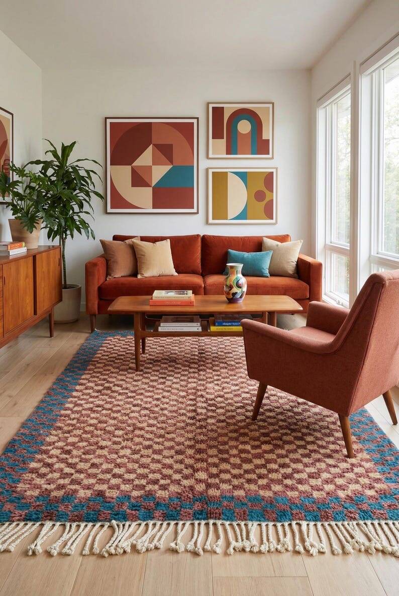 Handmade natural wool rug with colourful patterns, size 150/250 cm.