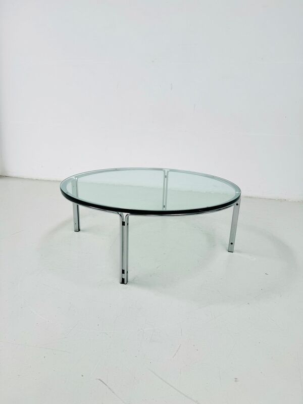 Table basse ronde vintage en verre et acier, signée Horst Brüning pour Kill International, années 1960