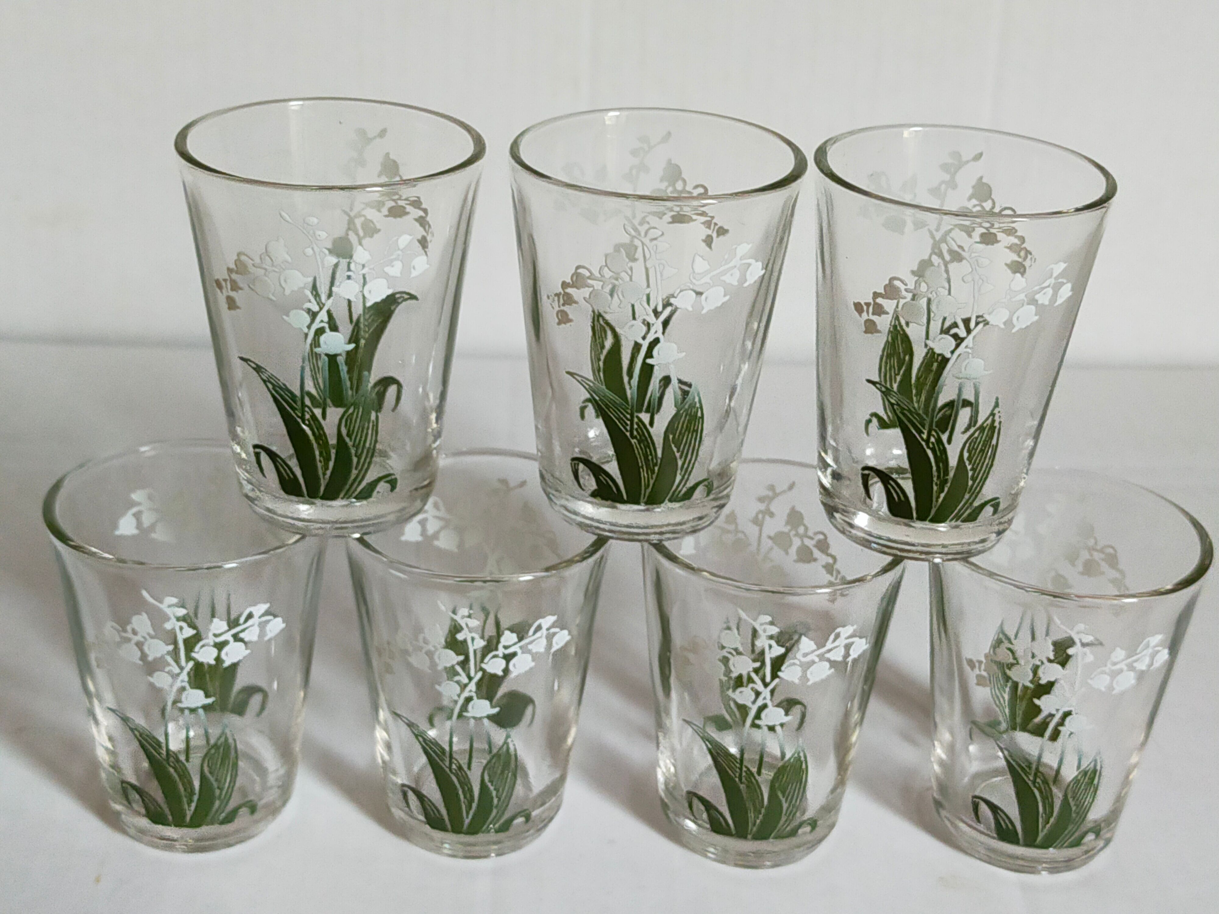 Seven glasses with digestive screen-printed with thrush, 30s