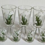 Seven glasses with digestive screen-printed with thrush, 30s