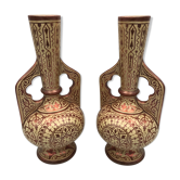 Pair of vases in faïence hispano mauresque decoration arabasques irise reflections metal