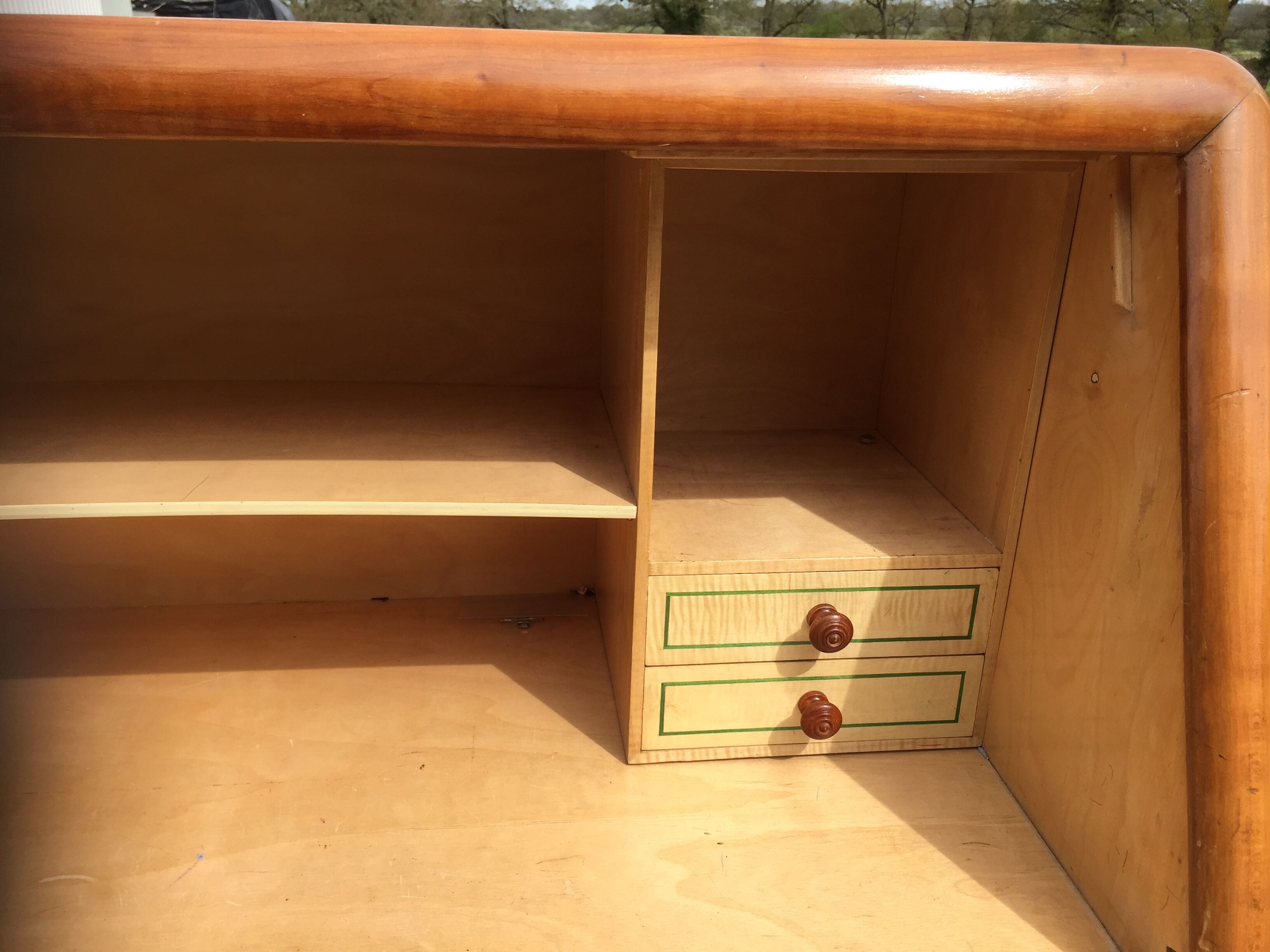 Vintage secretary desk, known as donkey's back, in cherry wood, Italian by Marelli & Fratelli.