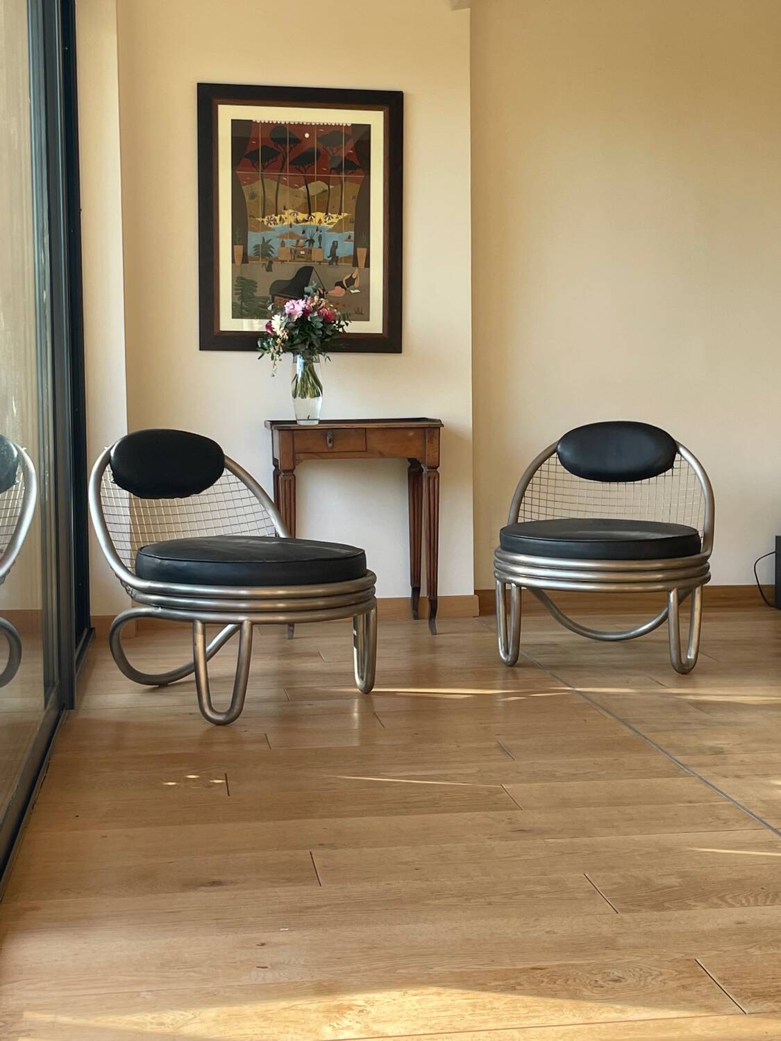 Metal and leather armchairs