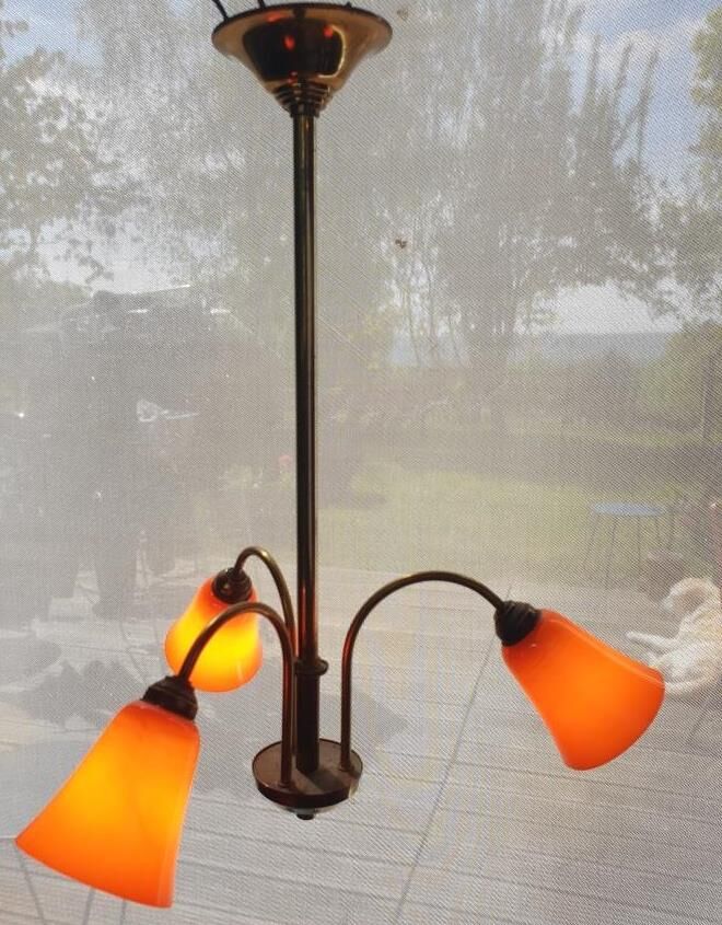 Brass chandelier 3 tulips orange Casimir 1970