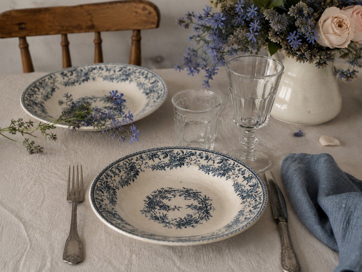 4 assiettes creuses Gien Bouquets de Roses terre de fer bleu de prusse