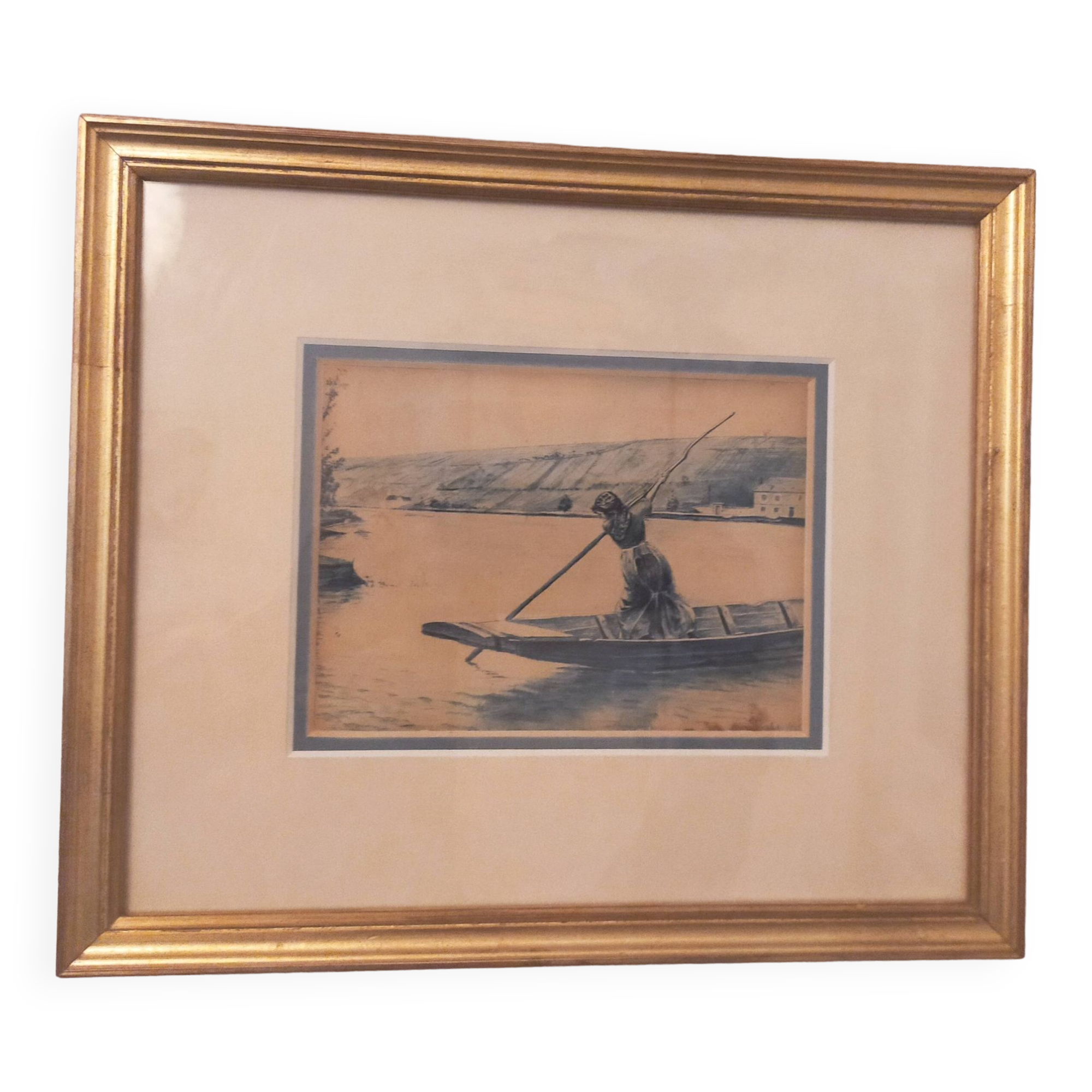 Framed signed watercolor marine landscape