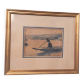 Framed signed watercolor marine landscape