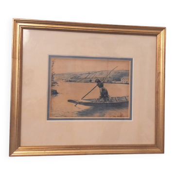 Framed signed watercolor marine landscape