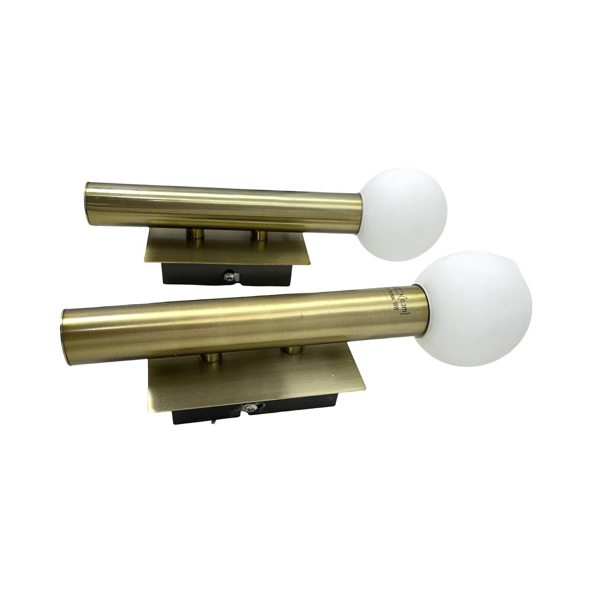 Pair of Lucky Brilliant wall sconces, brass and white globes, Art Deco styl