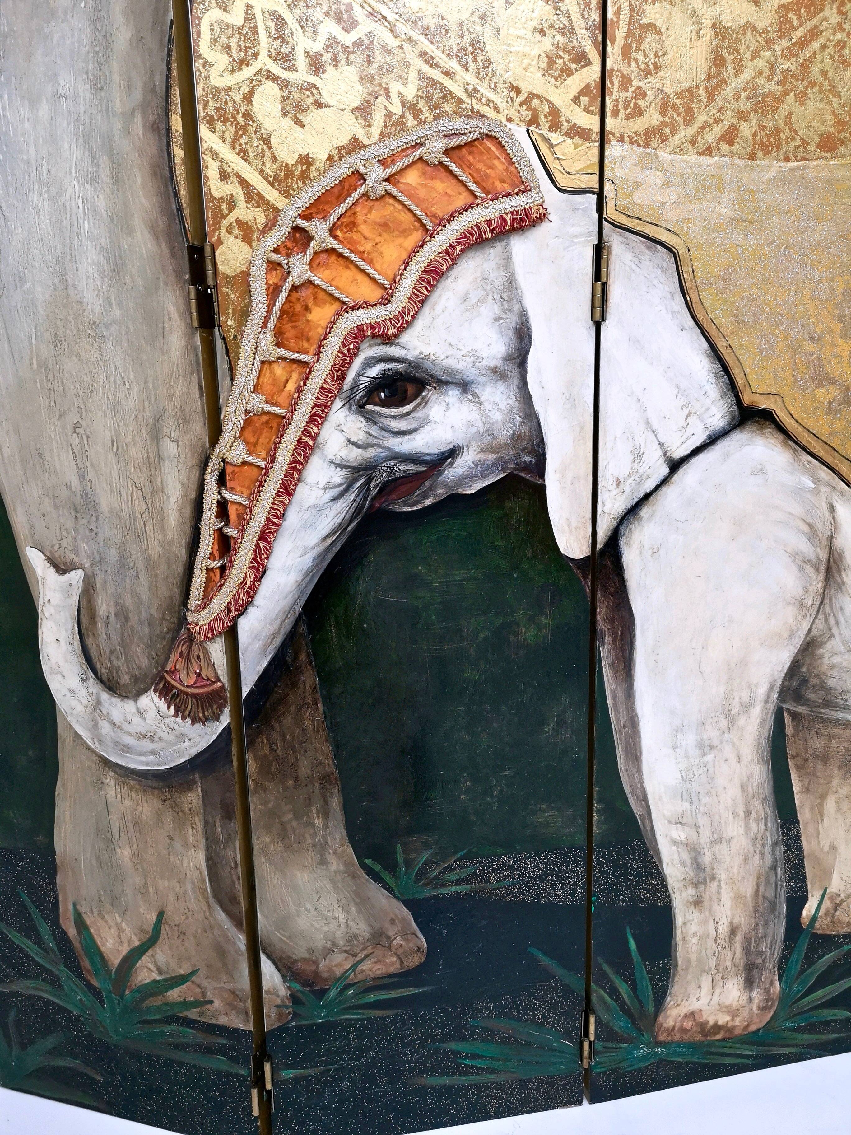 Postmodern five-panel room divider by doro with two asiatic elephants, italy