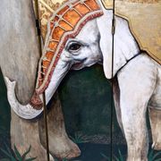 Postmodern five-panel room divider by doro with two asiatic elephants, italy