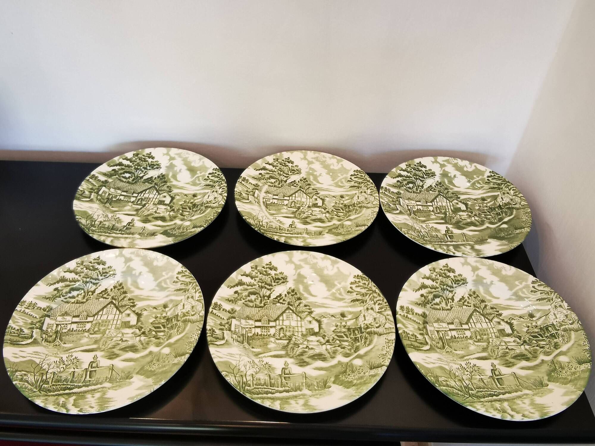 Set of 6 flat plates english style Lunéville verte