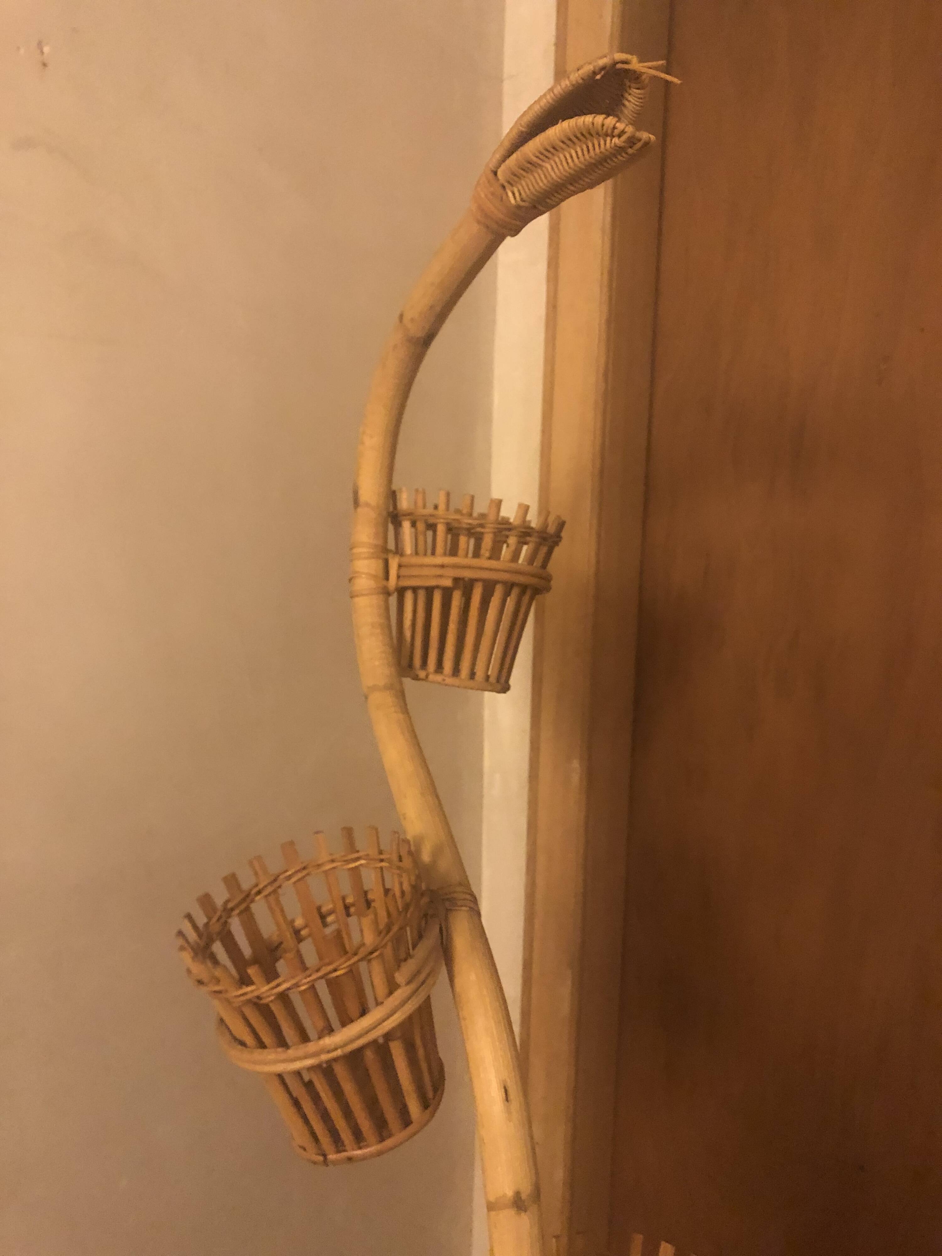 Porte plante serpent vintage années 60 osier bambou rotin