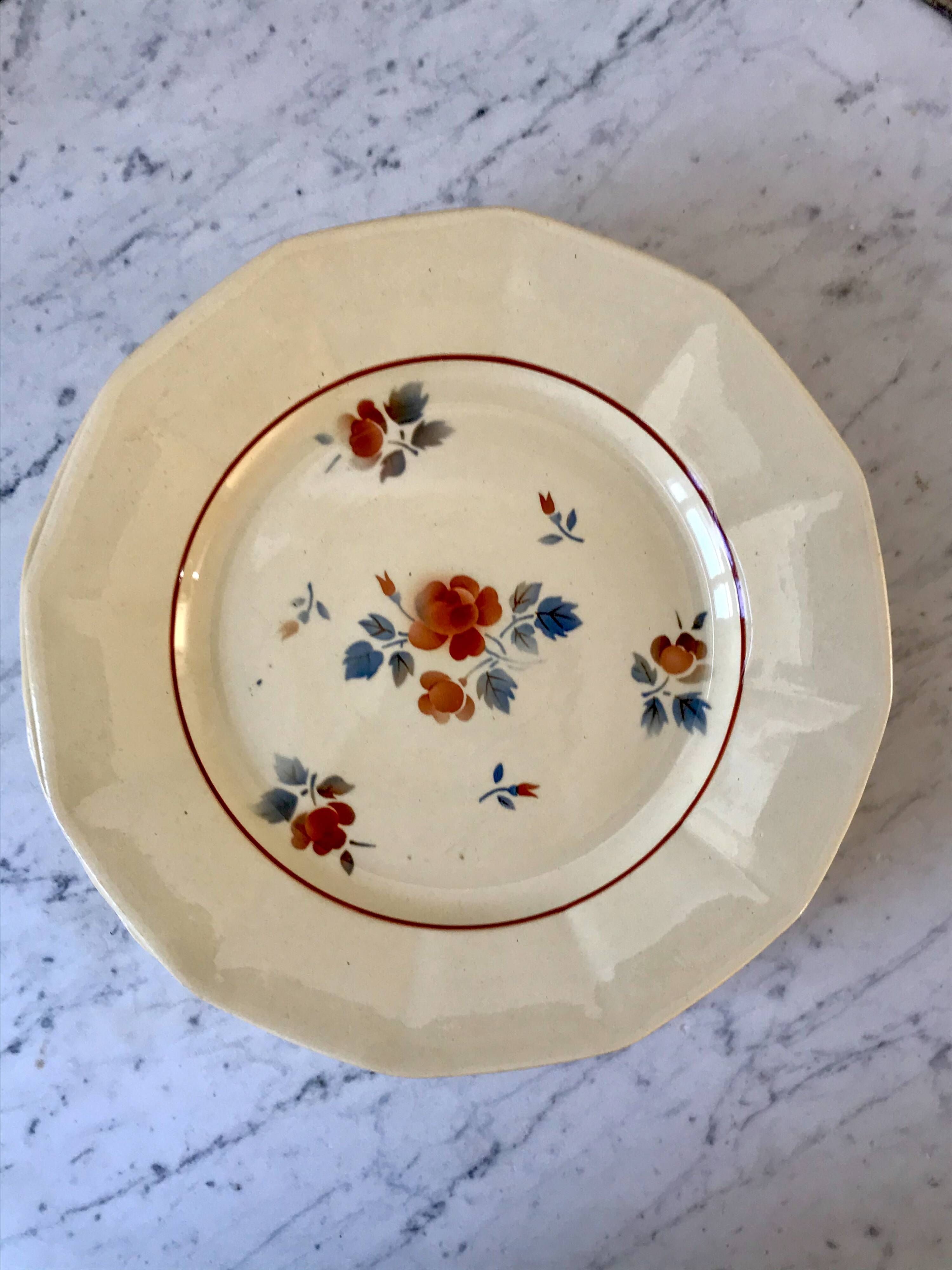 set of 9 Digoin Sarreguemines beige flat plates with pink flowers 1930s-40s