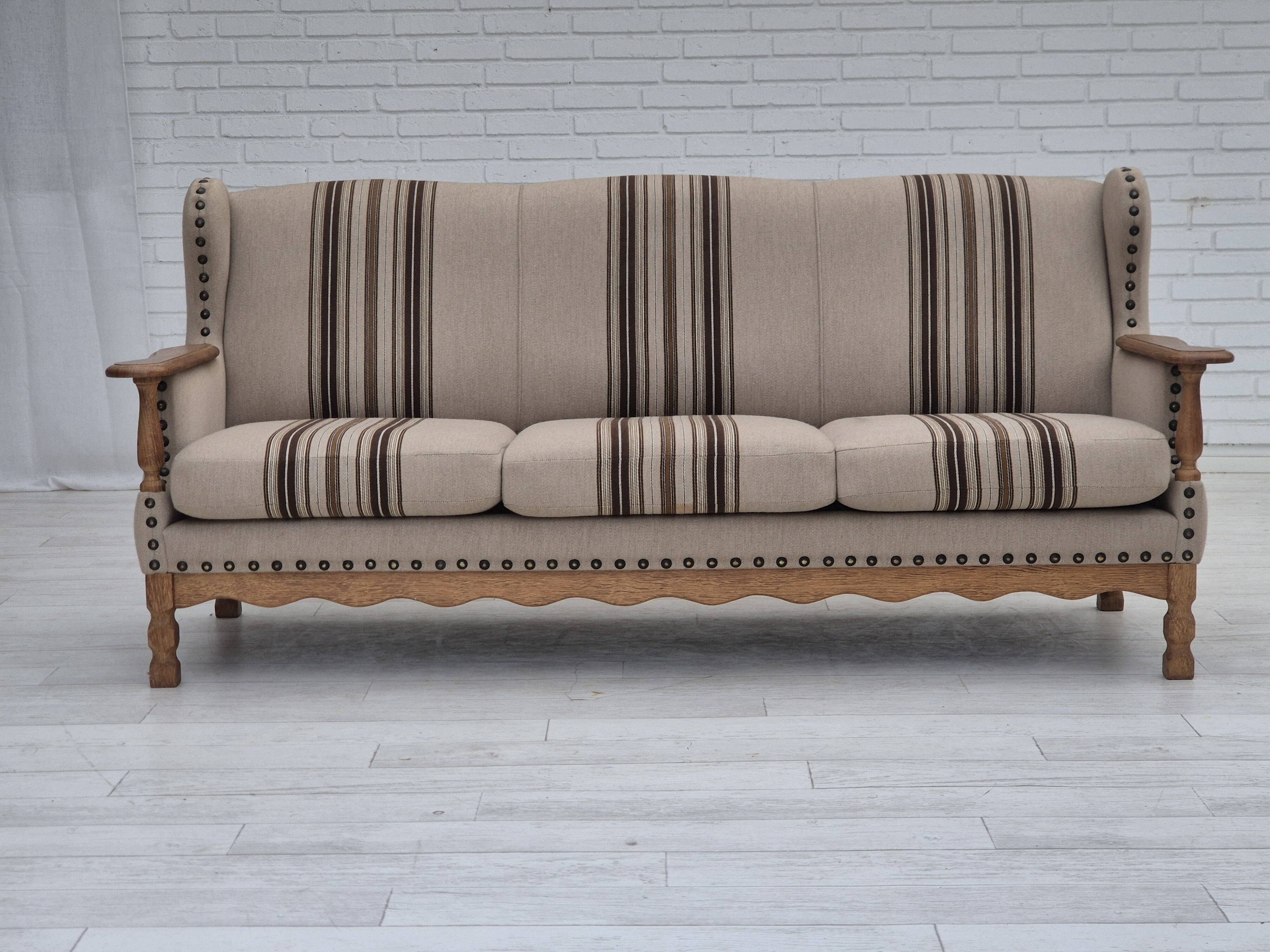 1970s, Danish 3-seater sofa, furniture wool fabric, oak wood, original.