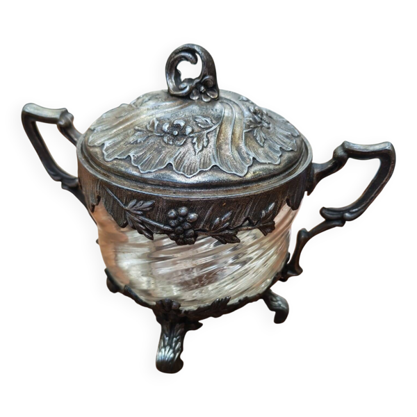 Ravissant sucrier bonbonnière Belle Époque en verre torsadé et métal patiné
