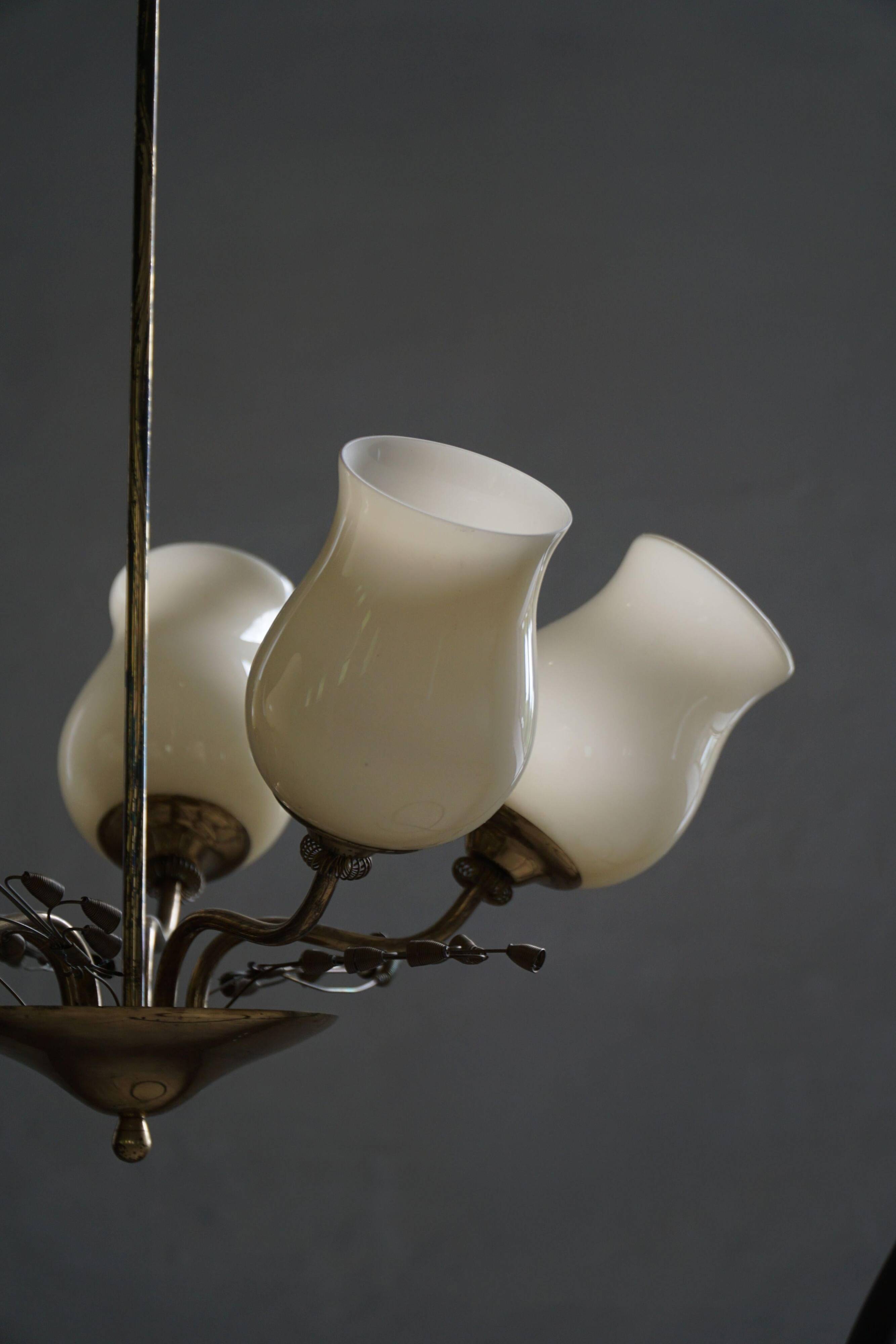 Brass and glass chandelier, Lisa Johansson-Pape for Stockmann, Finland, 1940s.