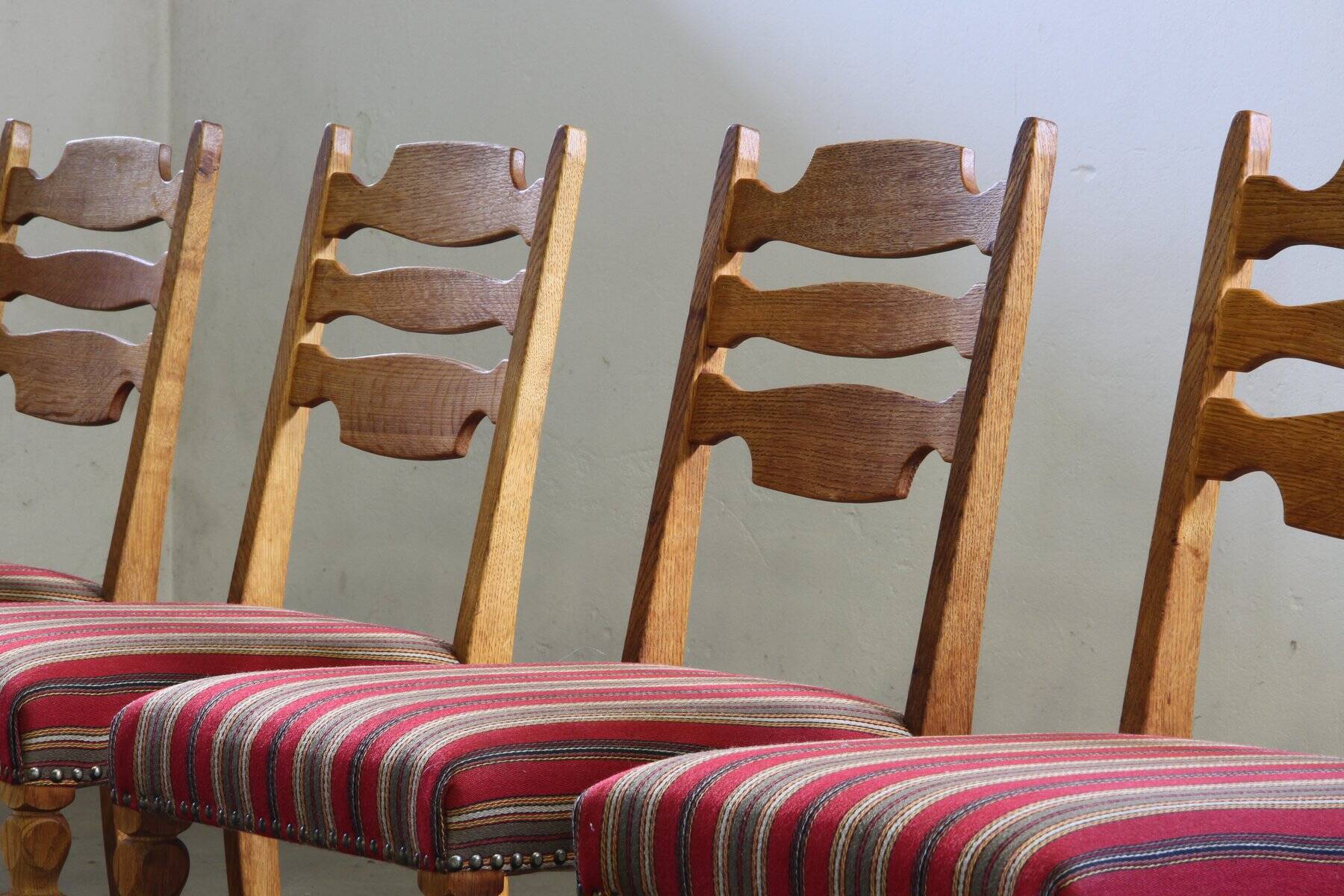 Danish modern brutalist oak dining chairs by Henning Kjærnulf, 1960s, set of 6