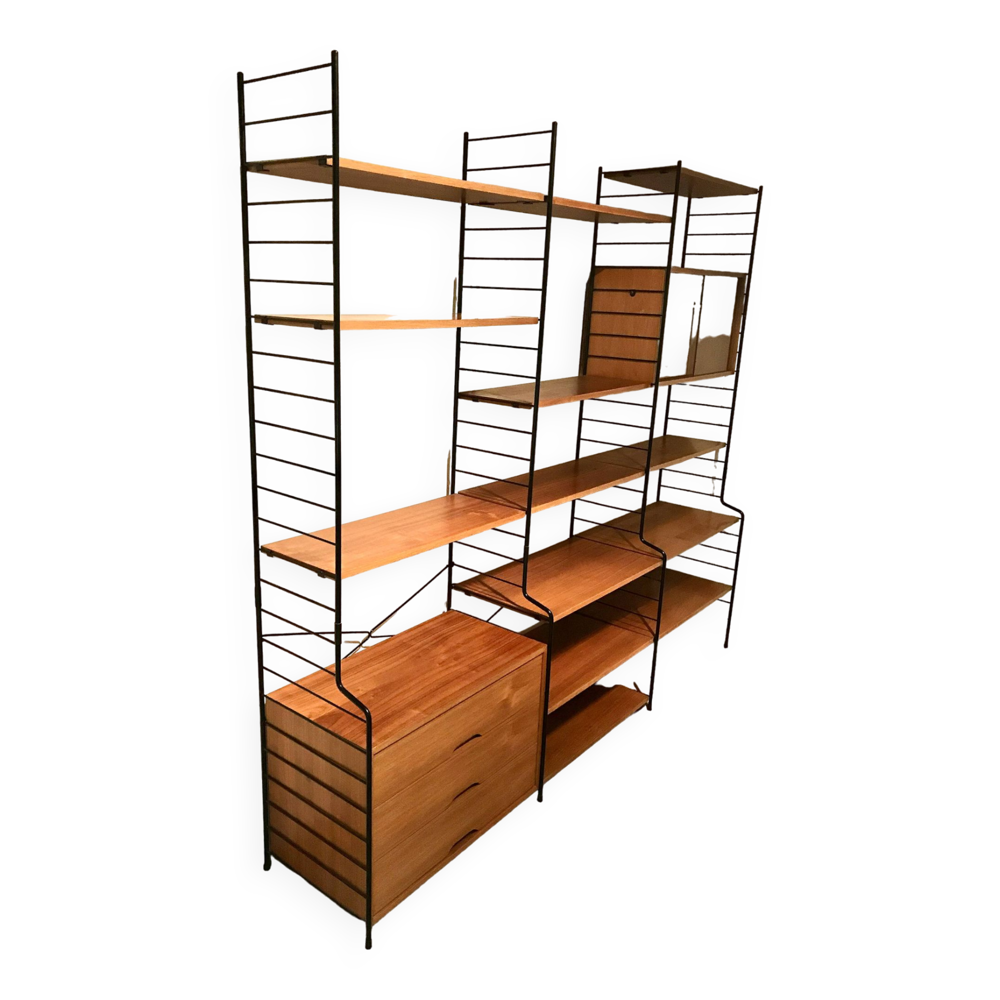 Vintage modular wall-mounted library shelf in blond walnut 1960-80