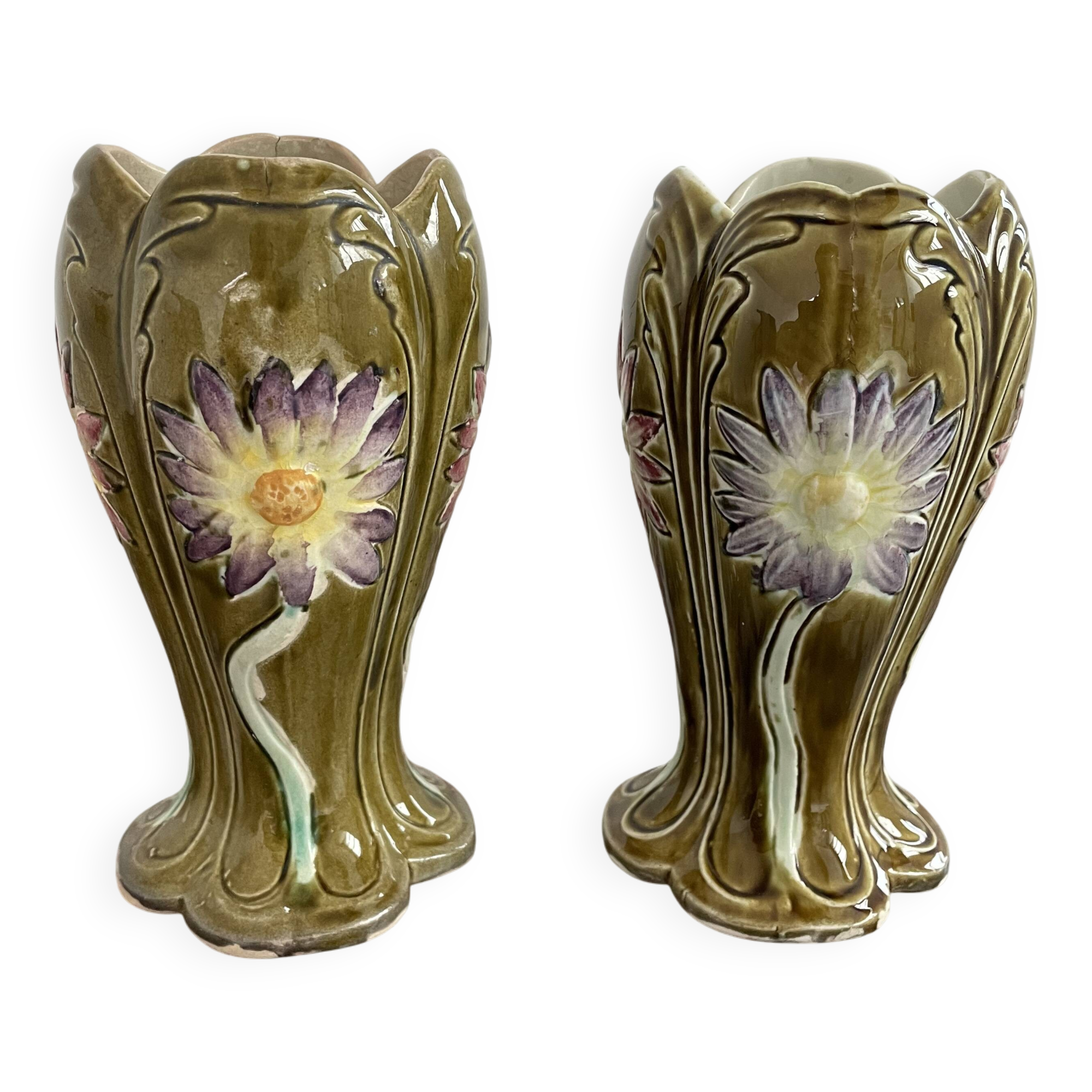 Barbotine vases, pair, Art Nouveau, DE BRUYN earthenware, signed, numbered