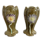 Barbotine vases, pair, Art Nouveau, DE BRUYN earthenware, signed, numbered