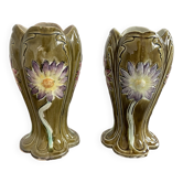 Barbotine vases, pair, Art Nouveau, DE BRUYN earthenware, signed, numbered