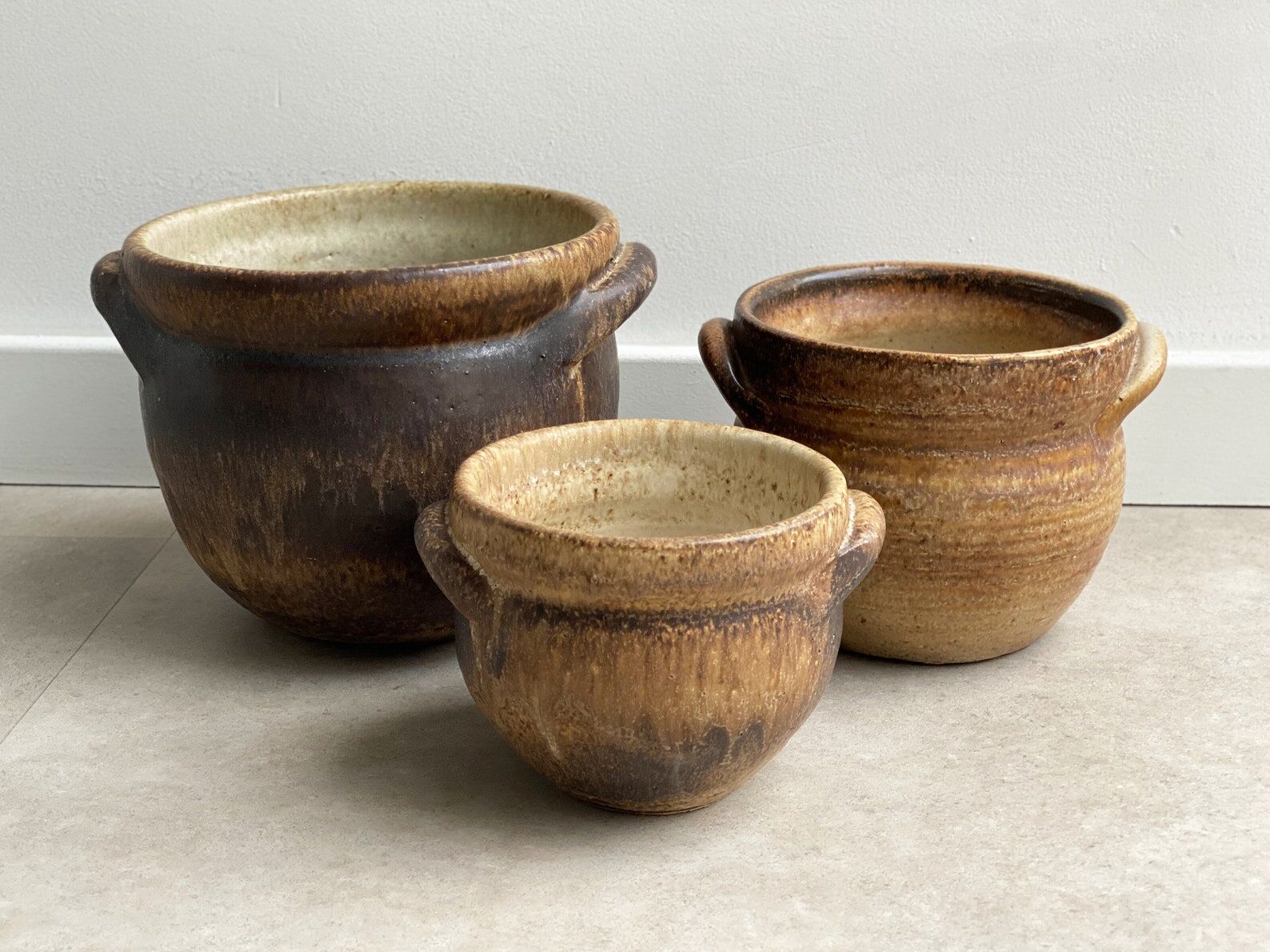 Set of 3 mid century brown ceramic planters