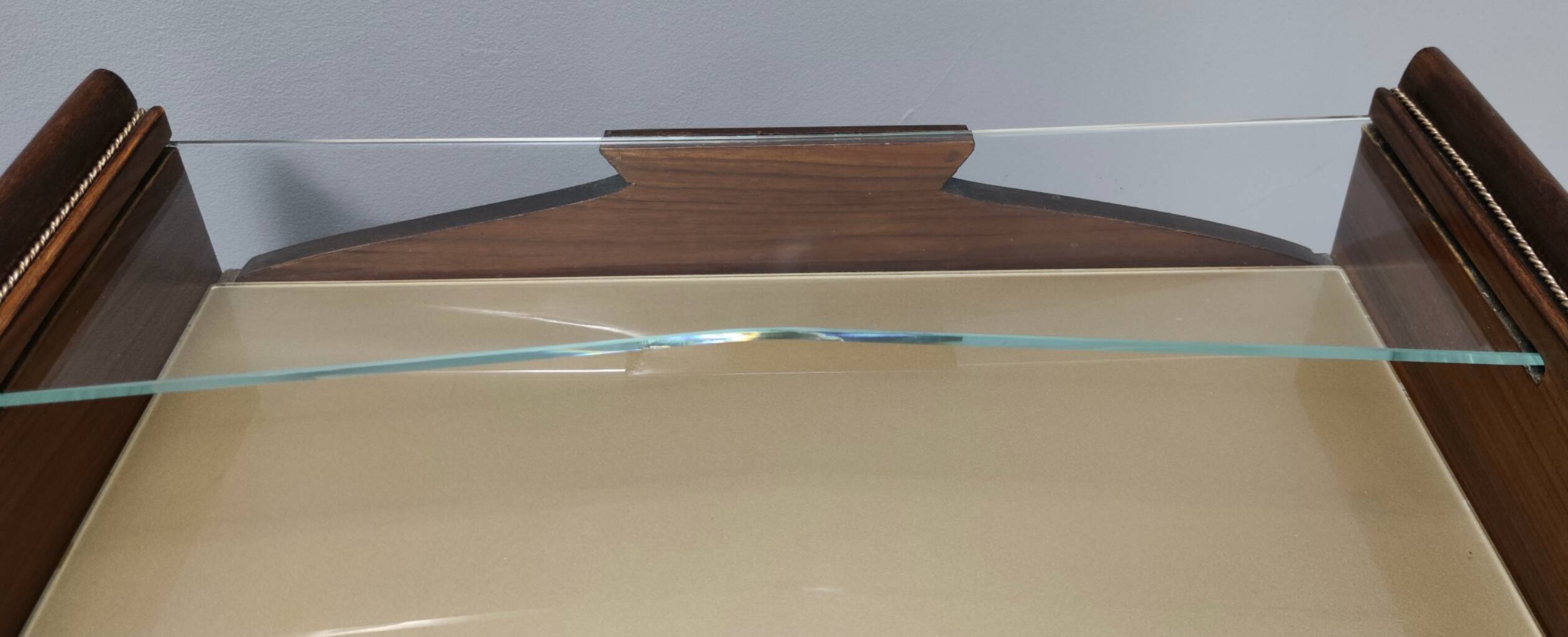 Pair of Walnut Nightstands with Golden Back-Painted Glass Top, Italy