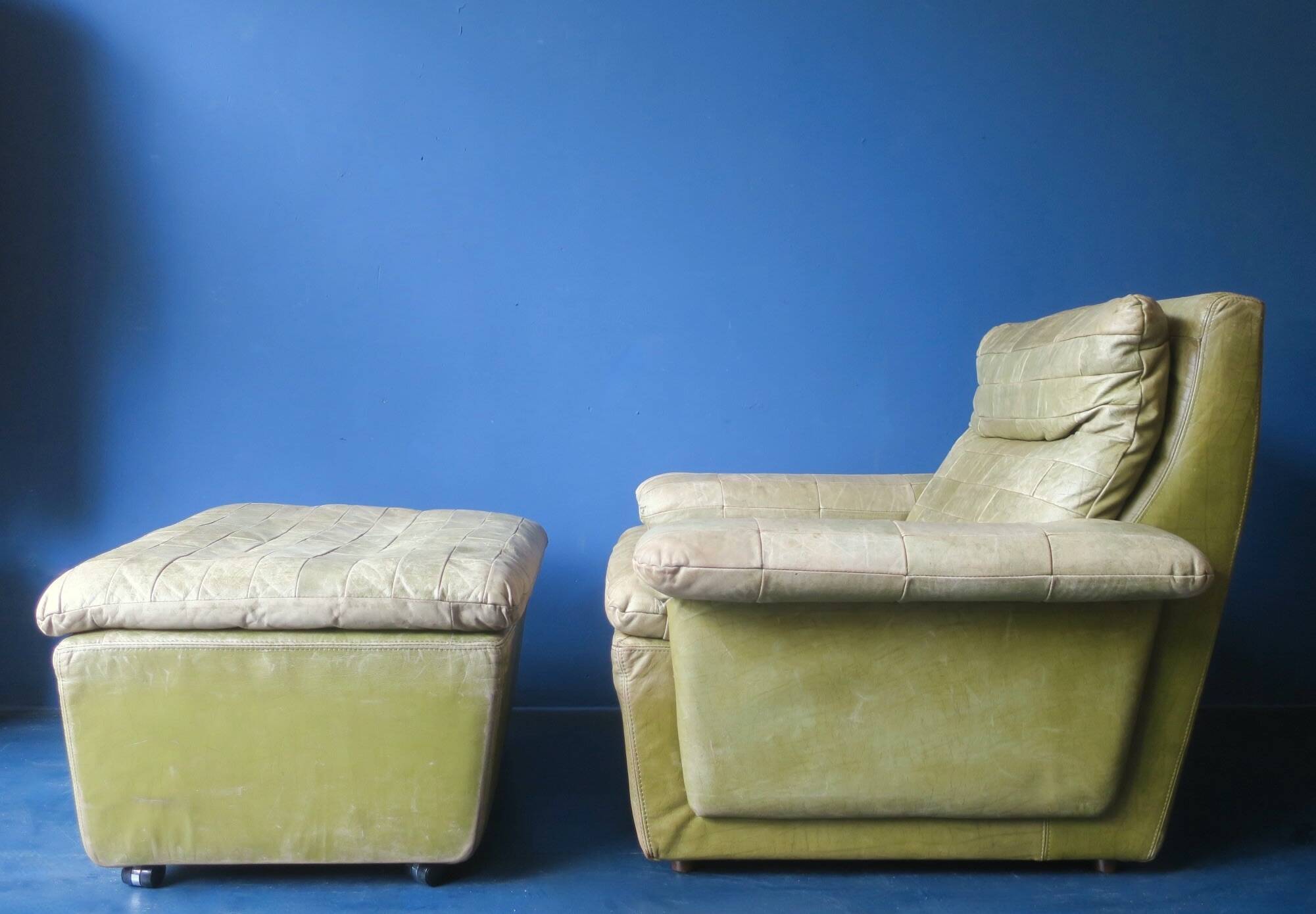 Patchwork leather olive green lounge chair and ottoman by Laauser, 1970s