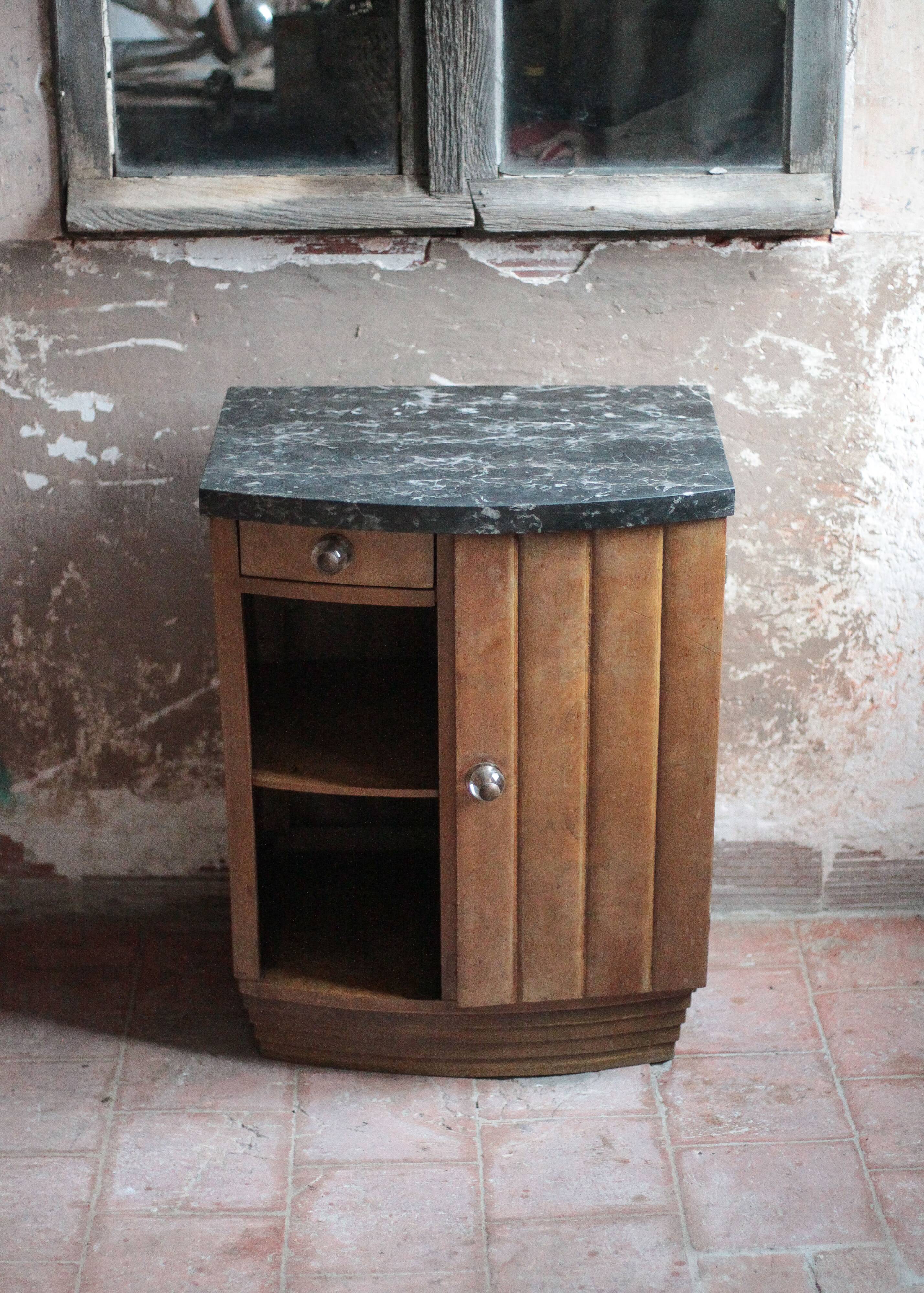 Art Deco nightstand, bedside table in wood and black marble, side table