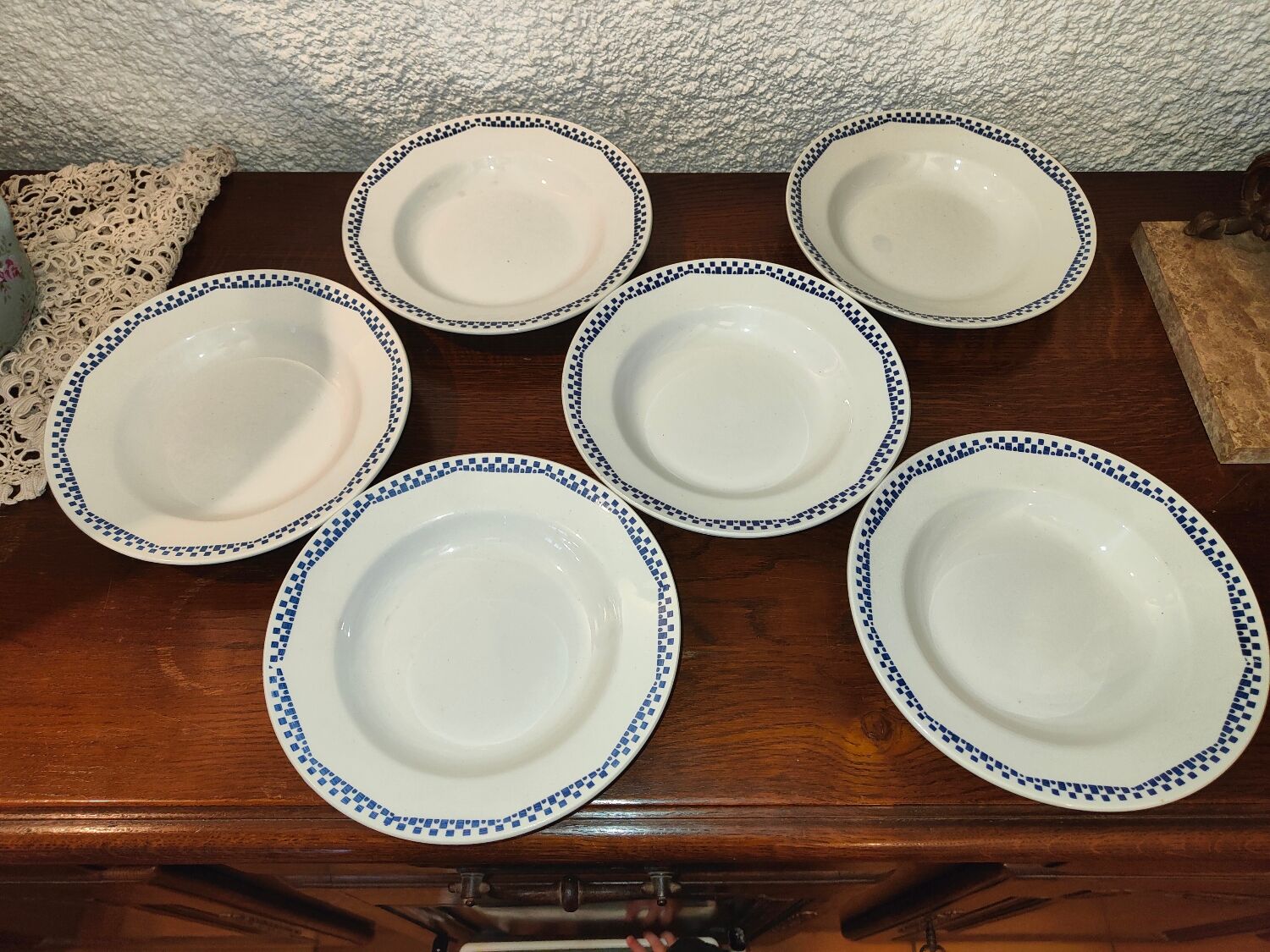 6 hollow plates Moulin des loups and Hamage Orchies France patterned 50s
