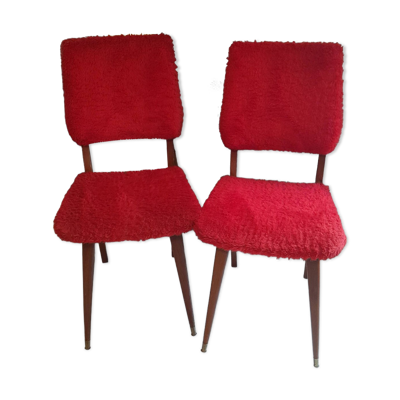 Paire de chaise moumoute vintage rouge pieds compas