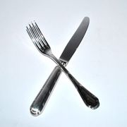 Ercuis set of 2 Trianon metal-plated dessert cutlery with crossed ribbon for cheese starter.