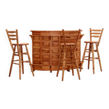 Brutalist mid-century wooden bar with 3 bar chairs, 1970s