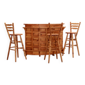 Bar brutaliste en bois avec 3 chaises de bar, 1970s