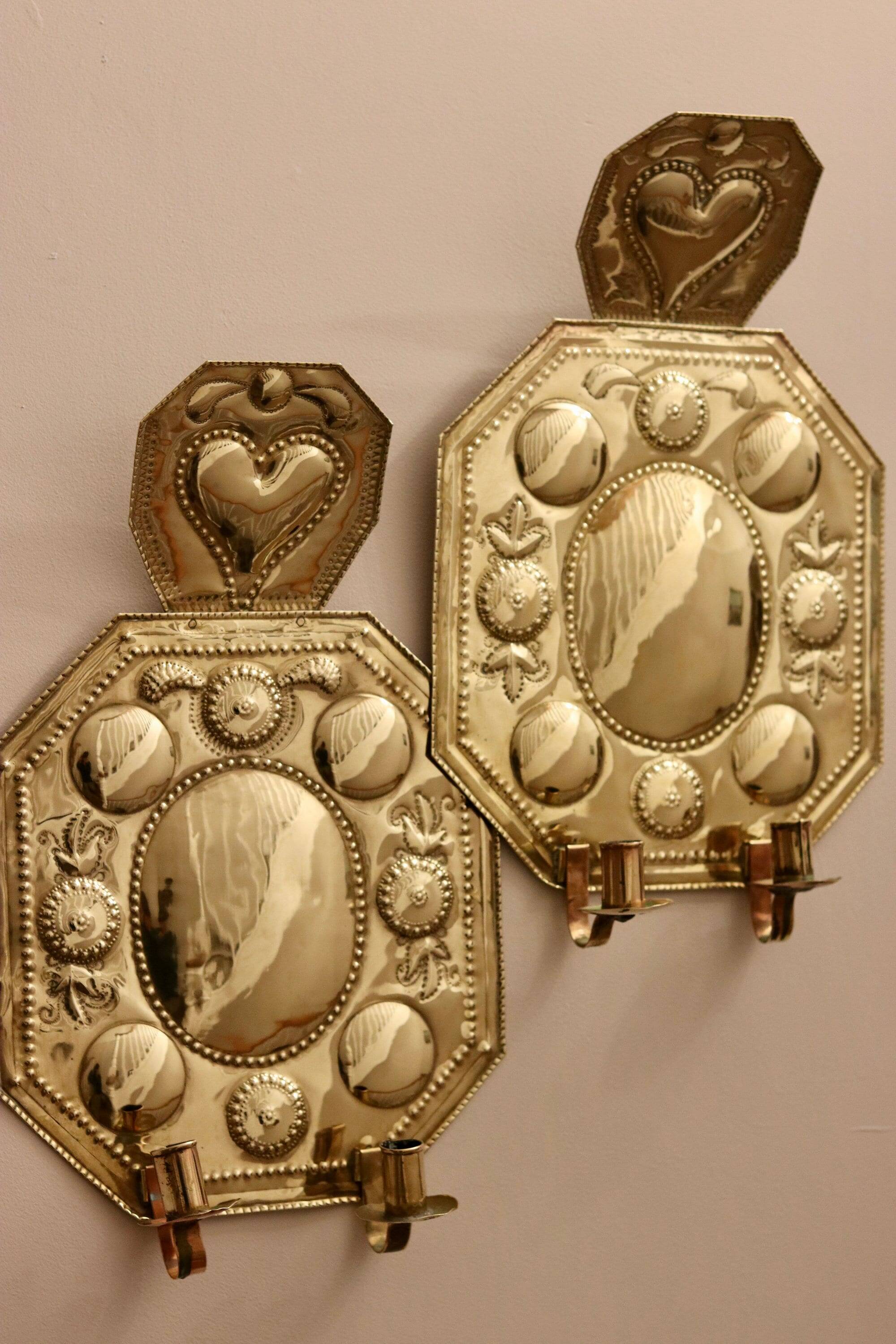Pair of Large Early-Century Sweden Brass Sconces