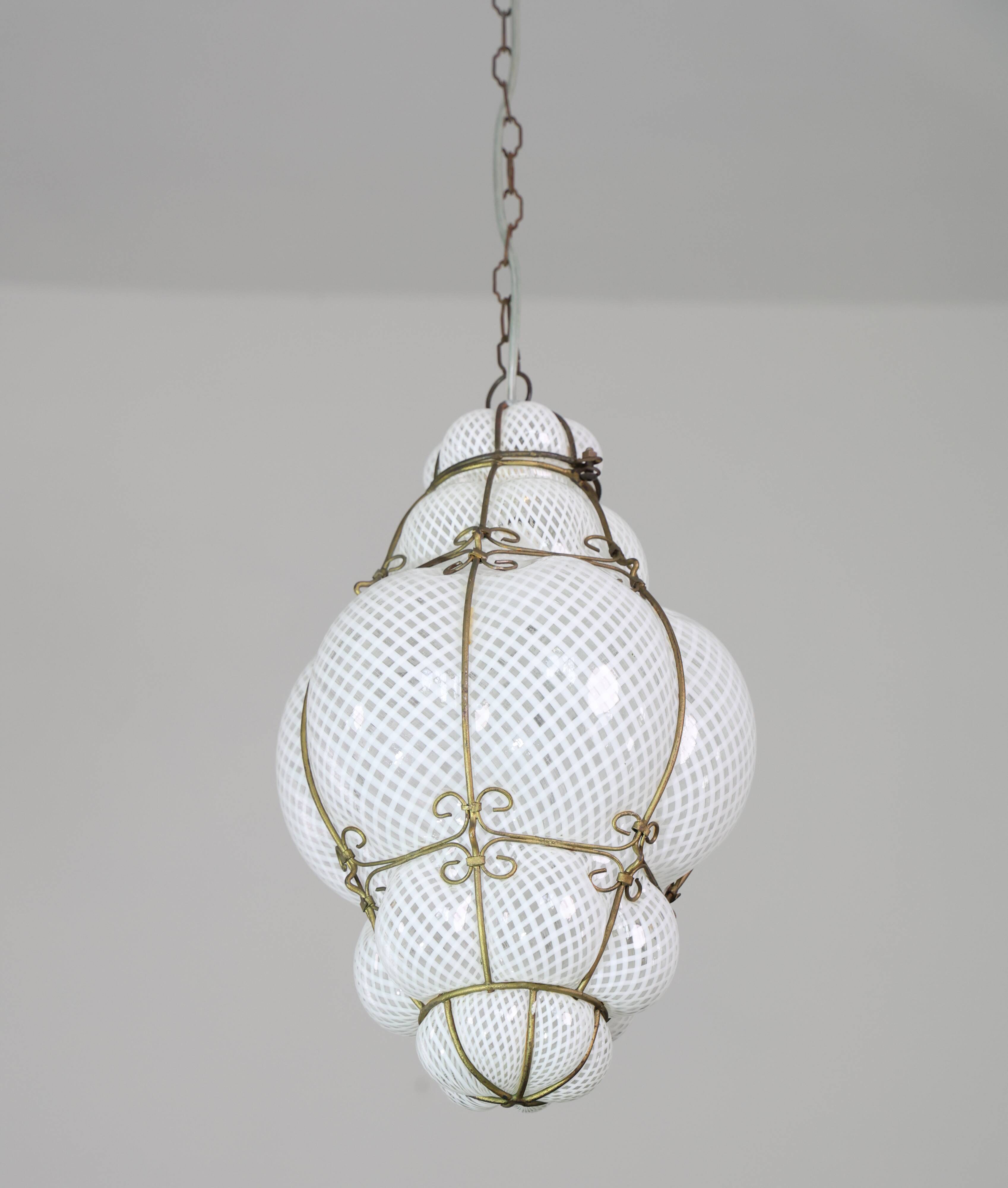 Amazing Large Venetian Lantern in Murano Reticello Glass, 1940s