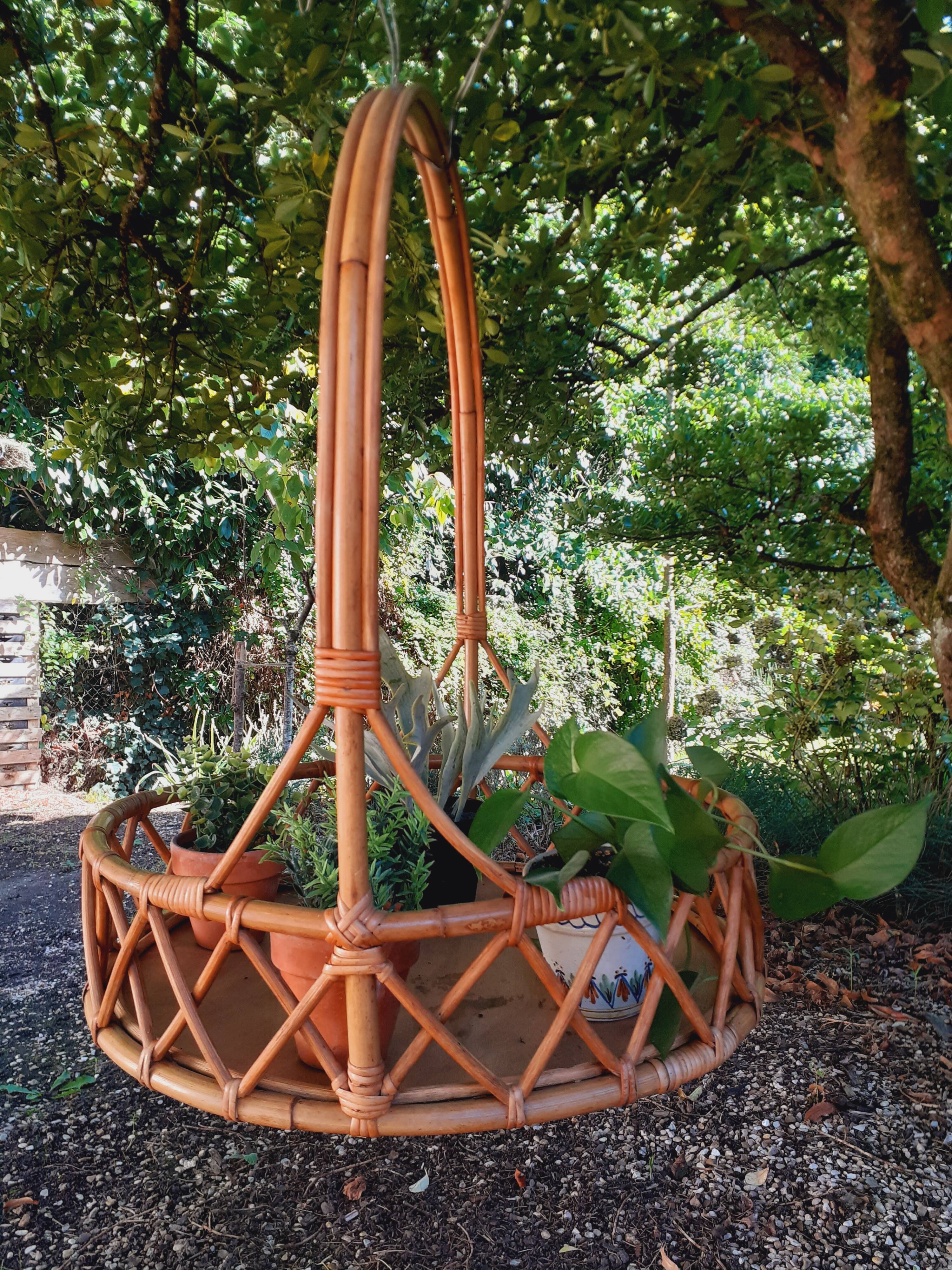 60s rattan hanging planter