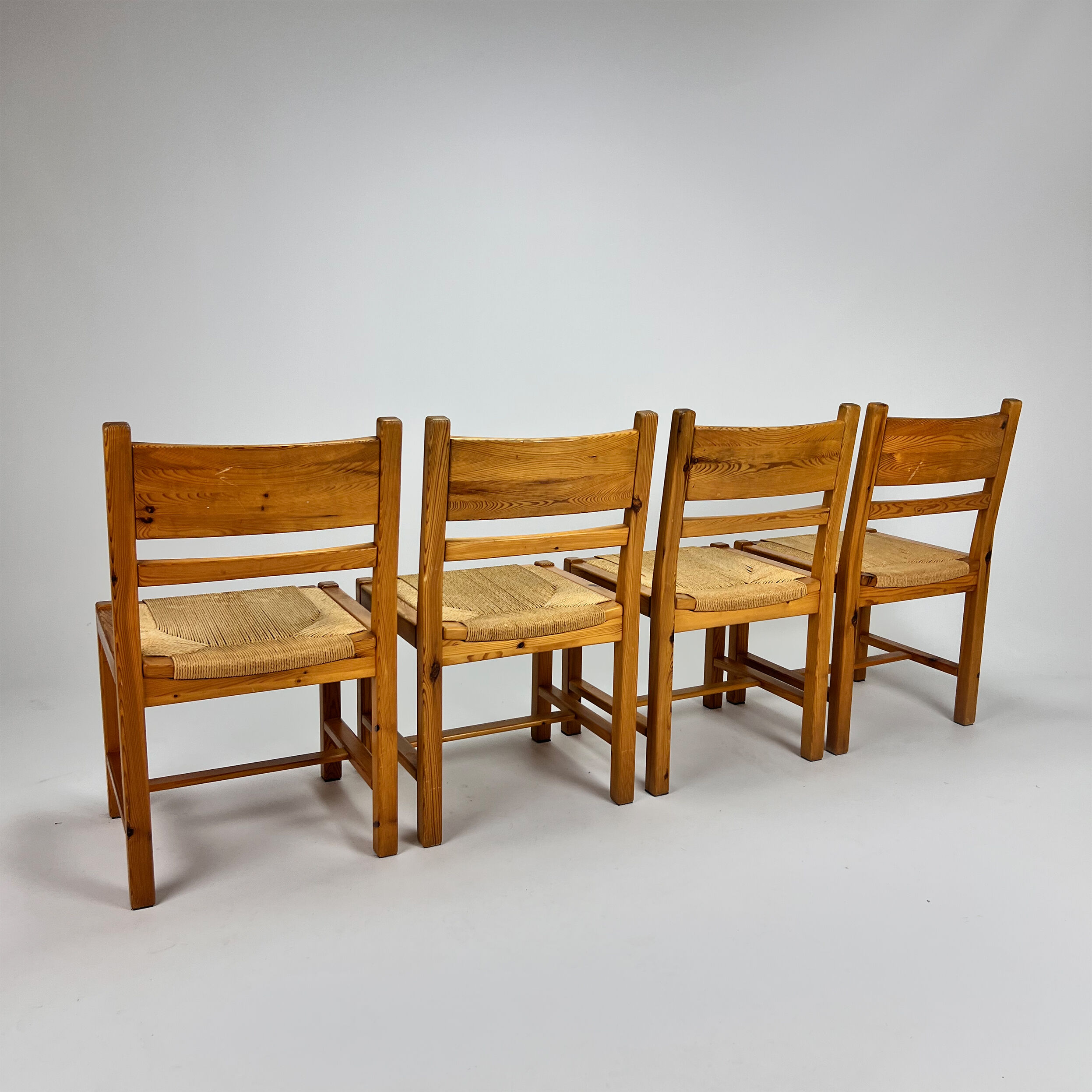 Set of 4 mid century scandinavian pine and papercord dining chairs, 1960s