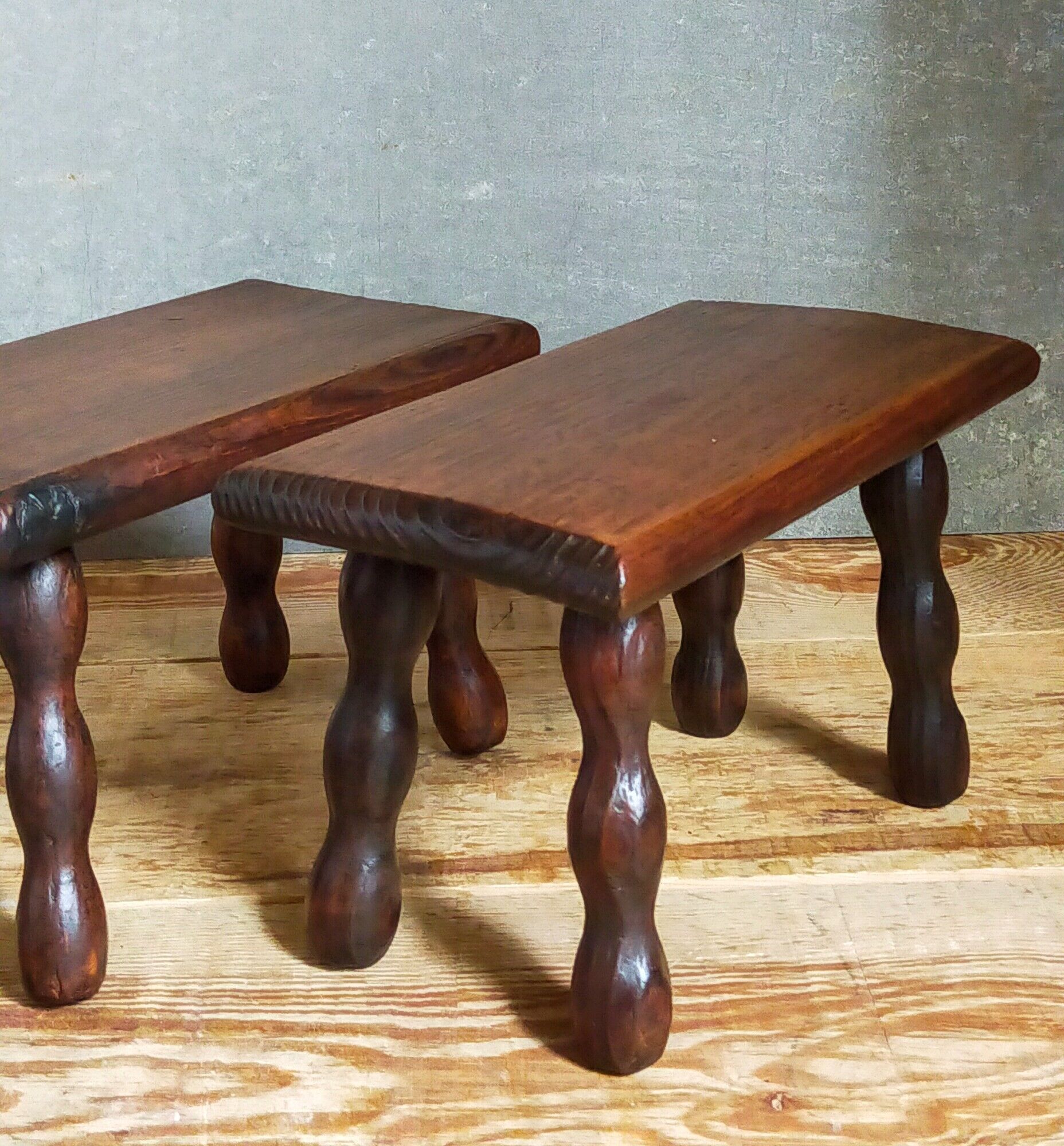 Pair of vintage solid turned wood footstools