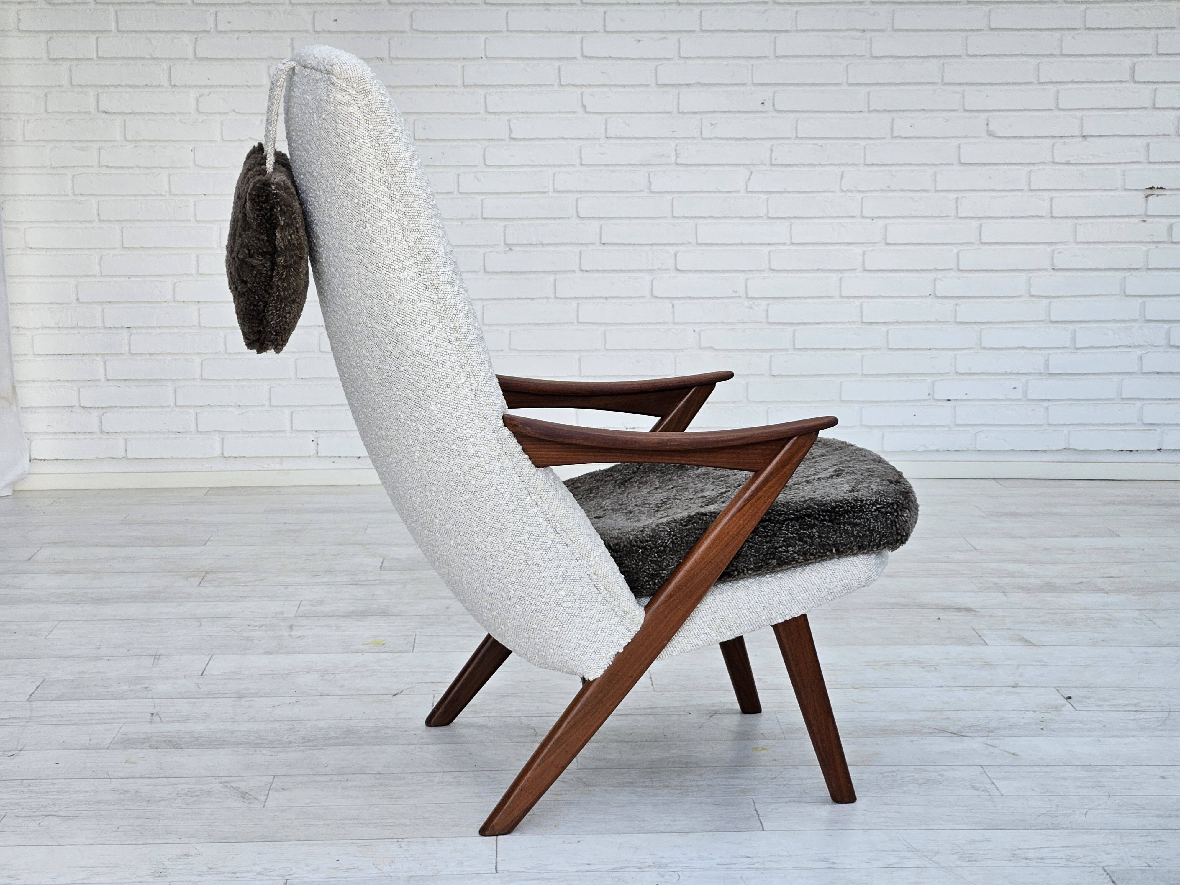 1960s, Scandinavian design, reupholstered armchair, furniture fabric, genuine sheepskin, teak.
