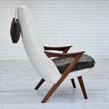 1960s, Scandinavian design, reupholstered armchair, furniture fabric, genuine sheepskin, teak.