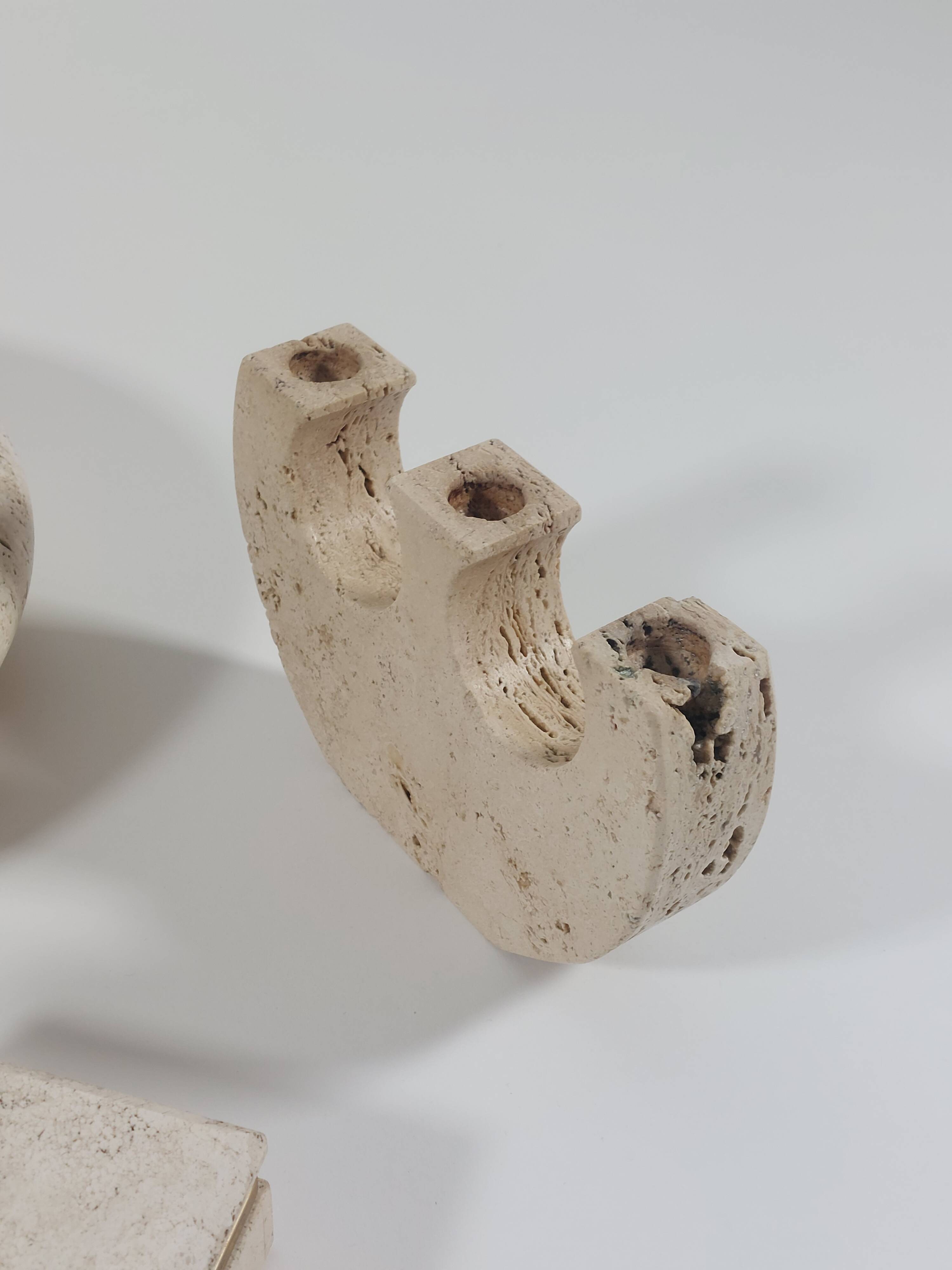 Vintage mid century travertine table set vide poche candleholder ashtray